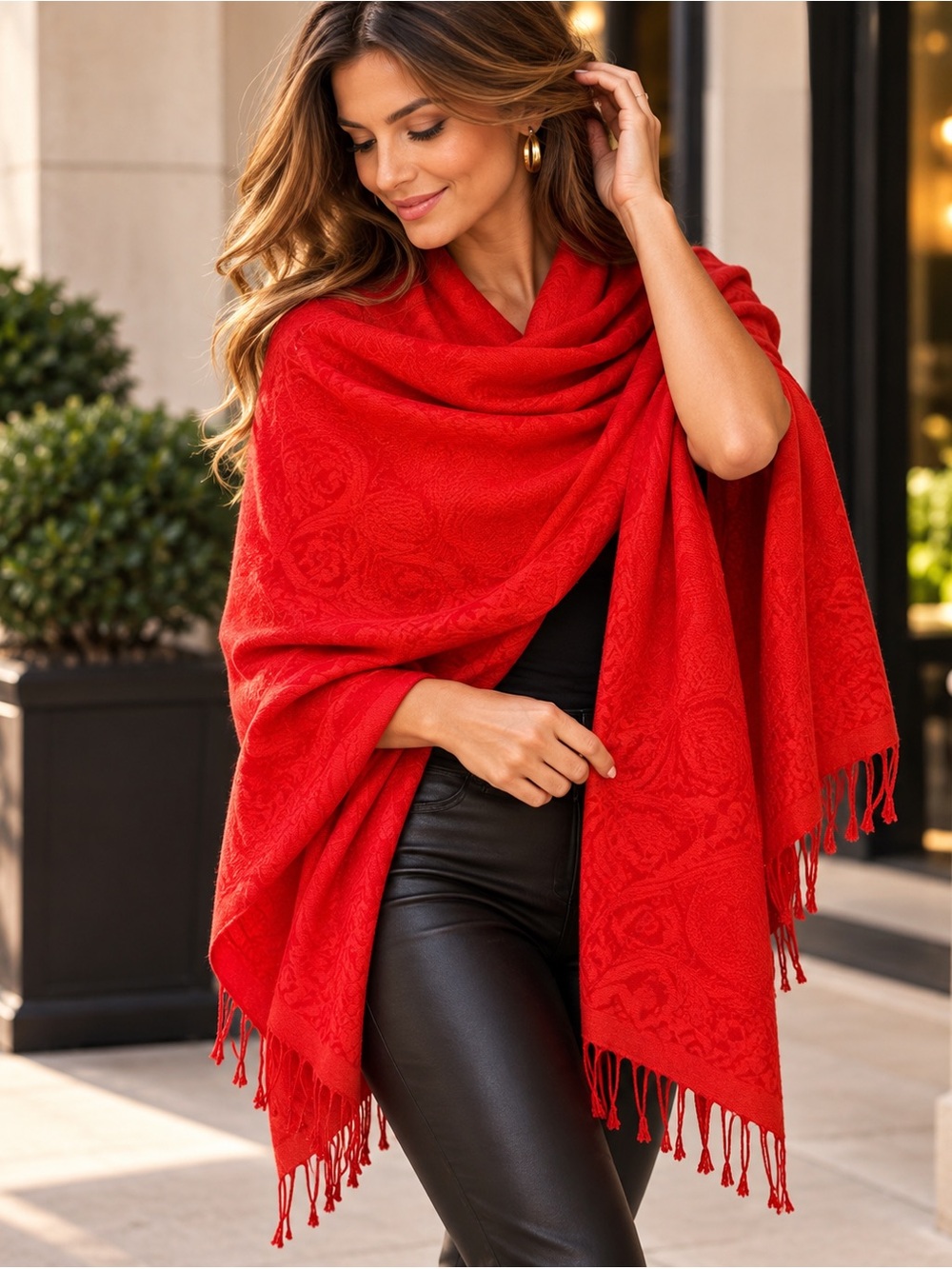 Beautiful Red Paisley Print Shawl Wrap Scarf with Fringe